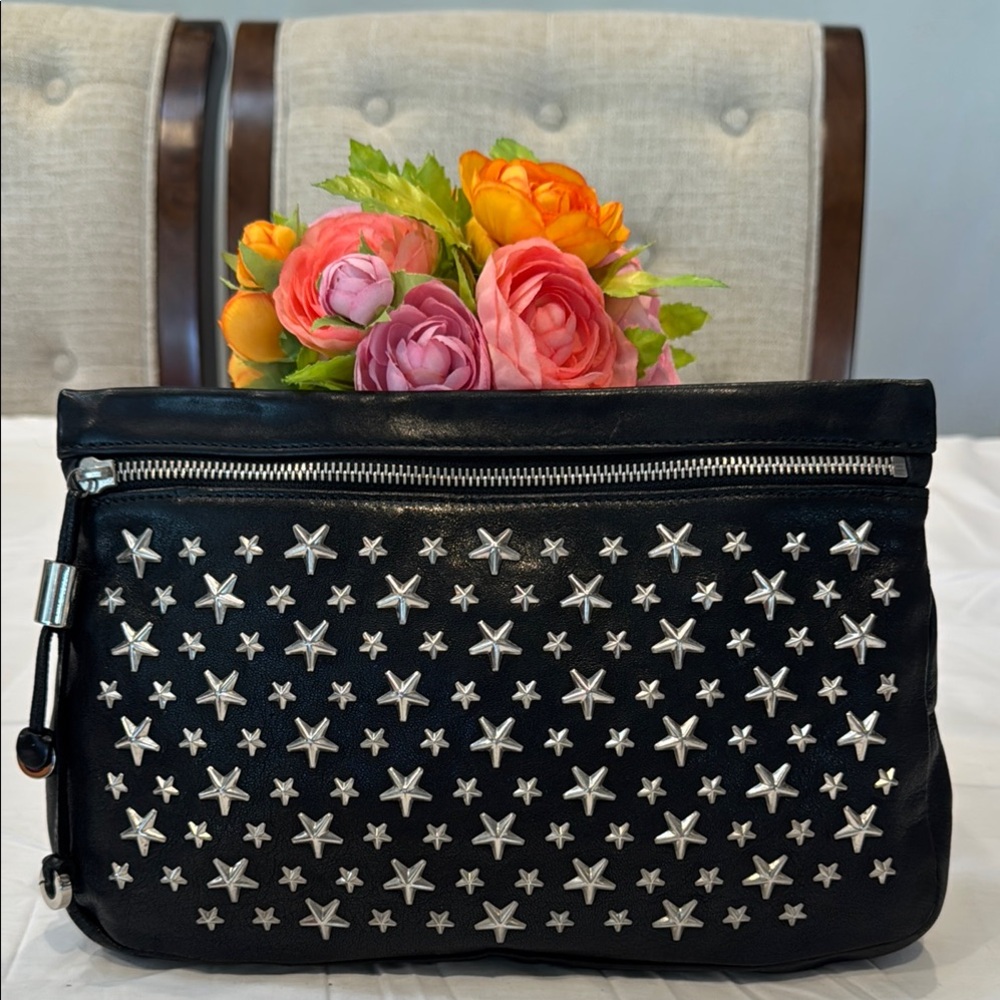 Authentic Jimmy Choo Black and Silver Star-Studded Clutch